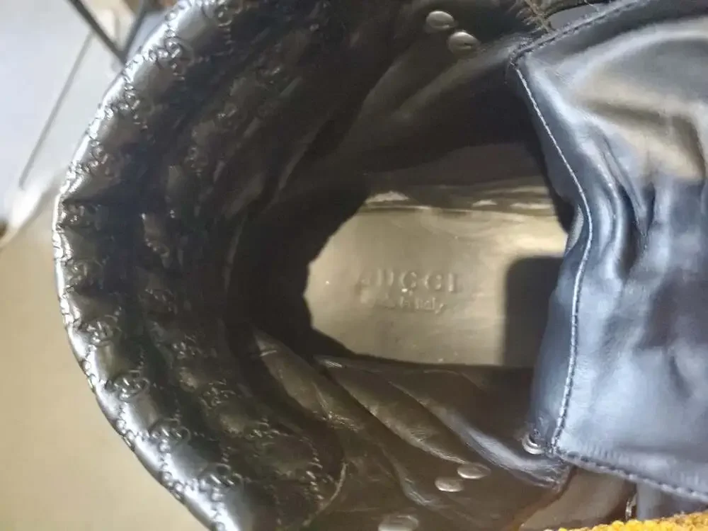 Gucci Men's Black Leather and Canvas GG Embossed Combat Boots